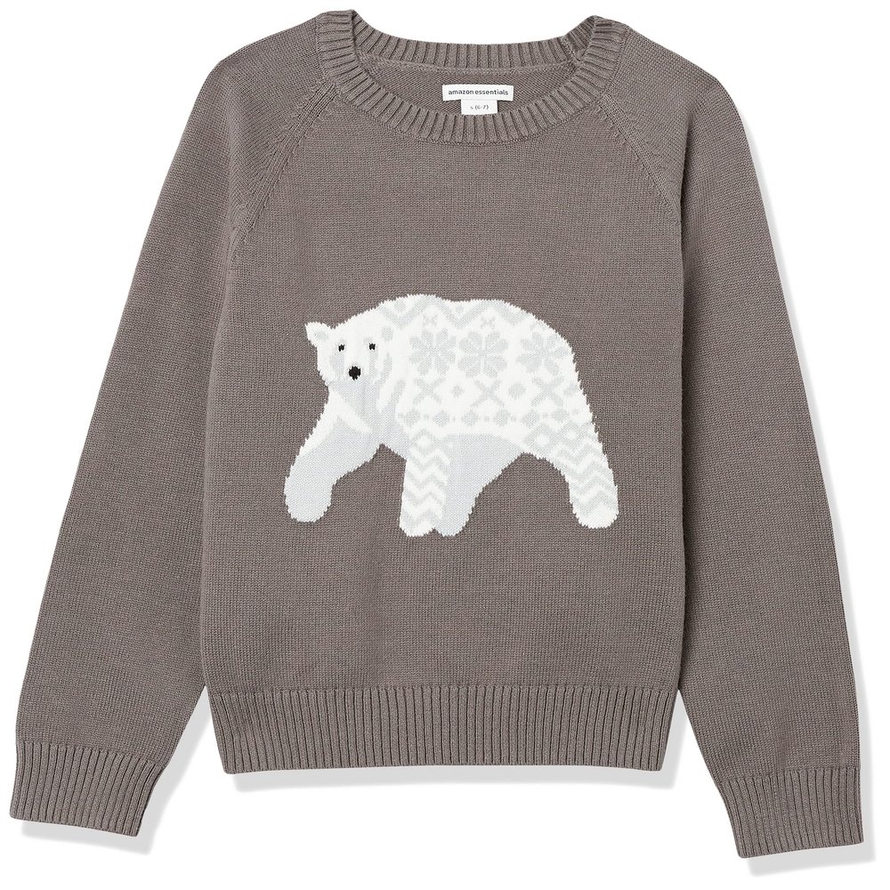 Amazon Essentials Boys' Pullover Crewneck Sweater, Dark Grey White Polar Bear, Large