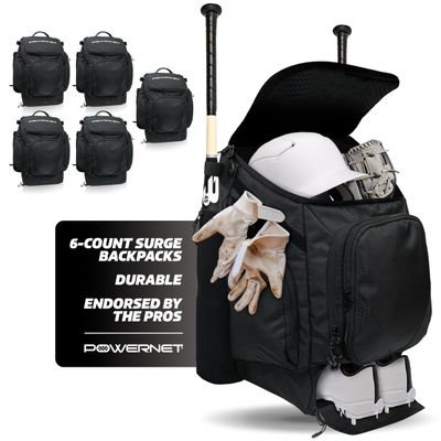 PowerNet Surge Softball & Baseball Bag, Dual Bat & Gear Travel Backpack, Baseball Equipment Bat Bag, Backpack with Dugout Fence Hooks & Cleat Pocket (1-Pack)