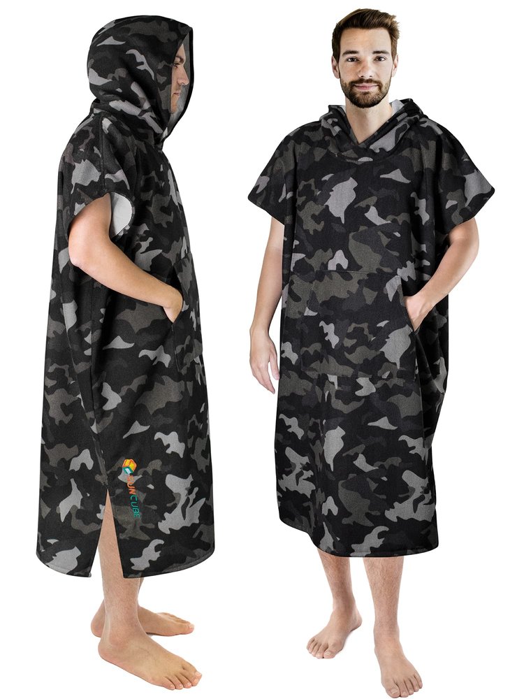 SUN CUBE Surf Poncho Changing Robe with Hood, Thick Quick Dry Microfiber Wetsuit Changing Towel for Surfing Beach Swim Outdoor Sports Men, Absorbent Wearable Towel Cover Up with Pocket, Camo Black