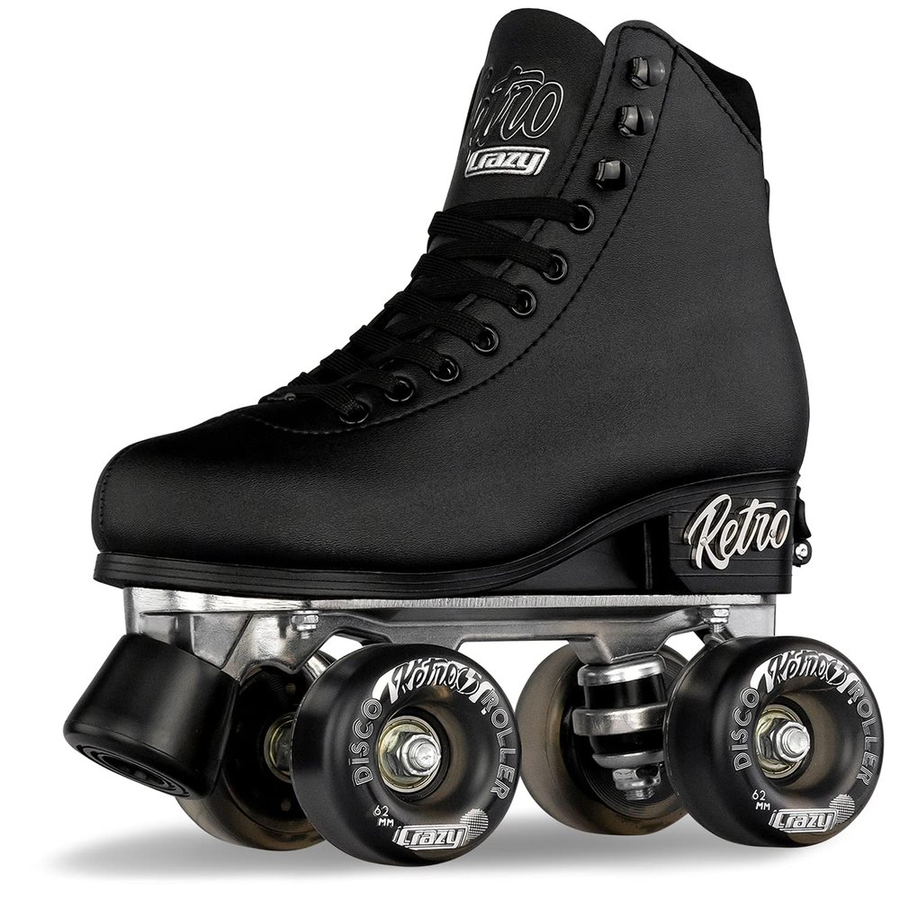 Crazy Skates Retro Roller Skates | Adjustable or Fixed Sizes | Classic Quad Skates for Women and Girls - Black (Adjustable) (Size: Medium | 3-6)