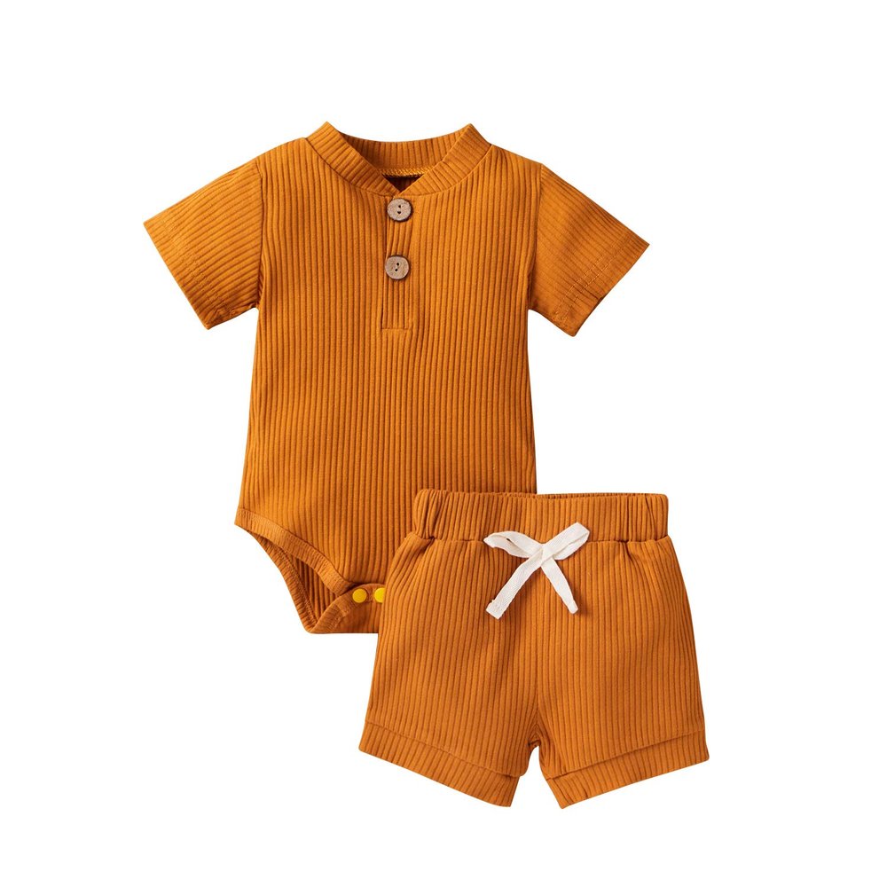 Ledy Champswiin Summer Newborn Baby Boy Girl Clothes Set Ribbed Outfits Unisex Infant Solid Short Sleeve Tops Shorts 2PCS