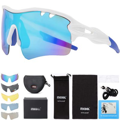 ITSCOOL Polarized Sports Sunglasses with 5 Interchangeable Lenses for Men Women Softball Baseball Running Cycling Glasses White Blue