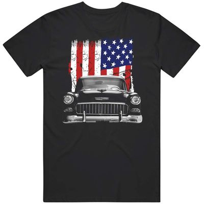1955 Chevy Bel Air Front Grill View Silhouette with Us Flag T Shirt S Black