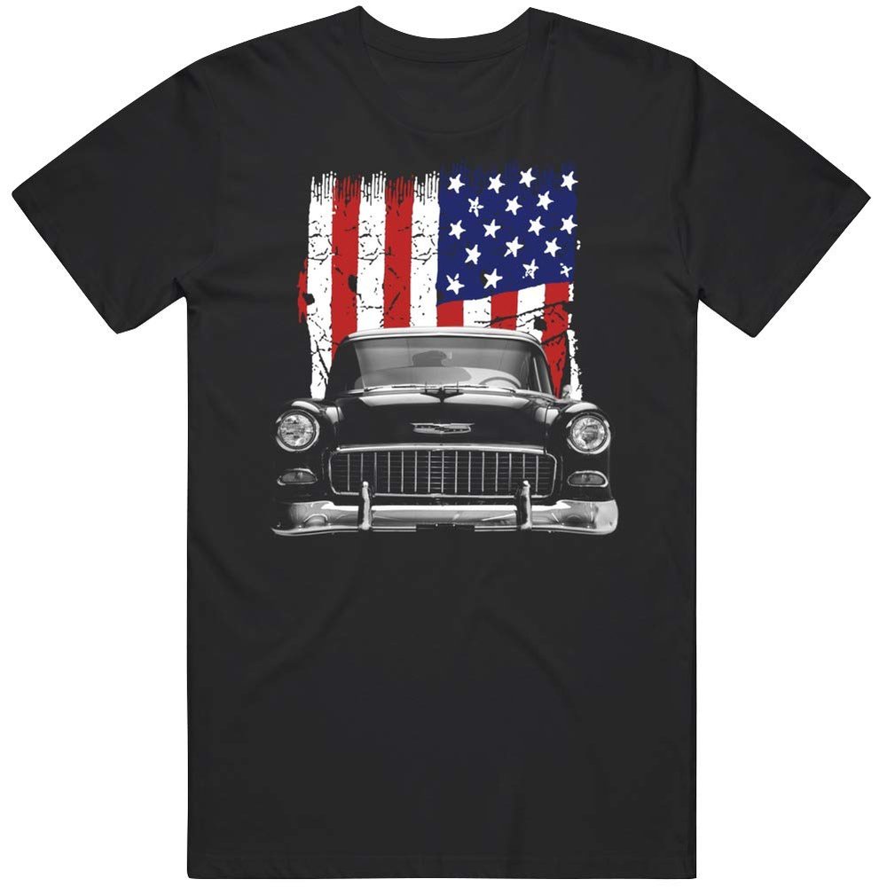 1955 Chevy Bel Air Front Grill View Silhouette with Us Flag T Shirt S Black