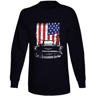 1957 Chevy Bel Air Front Grill View with United States Flag Long Sleeve T Shirt L Black