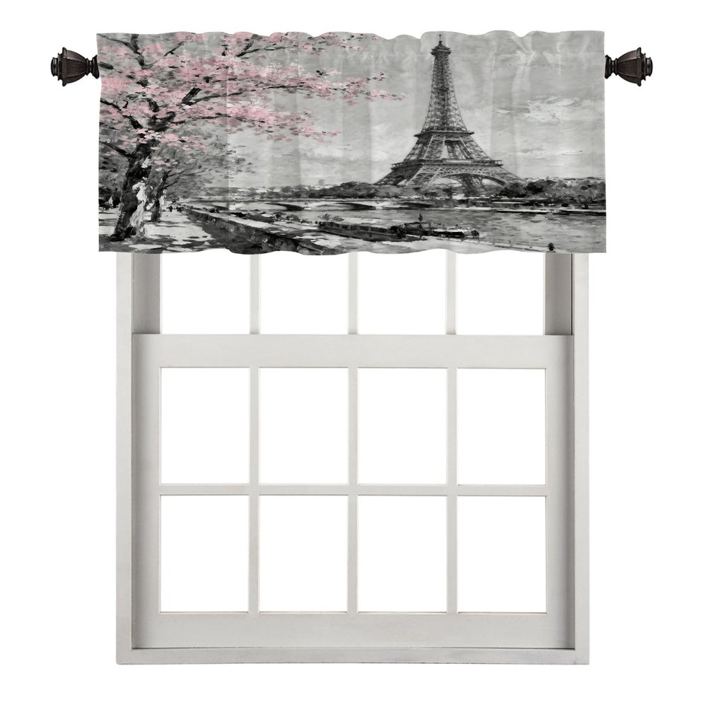 BaoNews Paris City Landscape Kitchen Valances Half Window Curtain, Oil Painting Paris European City Landscape France Eiffel Blackout Decoration Window Valances Curtains Drapes for Kitchen Bedroom
