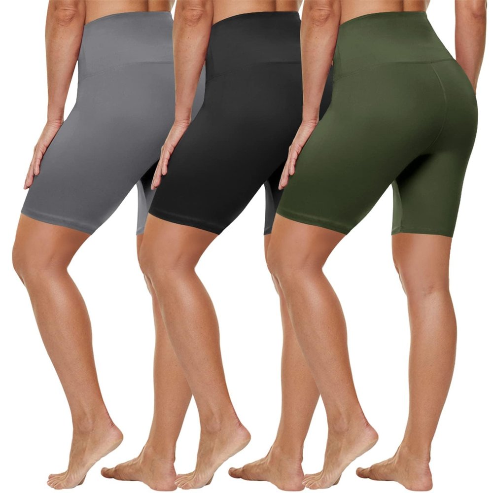 HLTPRO 3 Pack High Waist Biker Shorts for Women (Reg & Plus Size) 8" Buttery Soft Black Workout Yoga Athletic Shorts