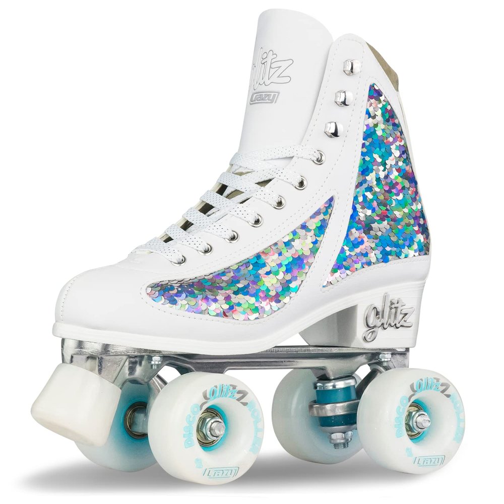 Crazy Skates Glitz Roller Skates | Adjustable or Fixed Sizes | Glitter Sparkle Quad Skates for Women and Girls - Diamond (Size: Womens 9 / Mens 8)