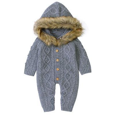 Bestgift Infant Baby Boy Girl Sweater Jumpsuit Faux Fur Hoodie One-Piece Romper Gray 9-12 months