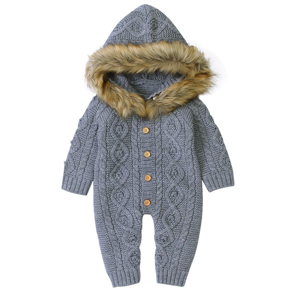 Bestgift Infant Baby Boy Girl Sweater Jumpsuit Faux Fur Hoodie One-Piece Romper Gray 9-12 months