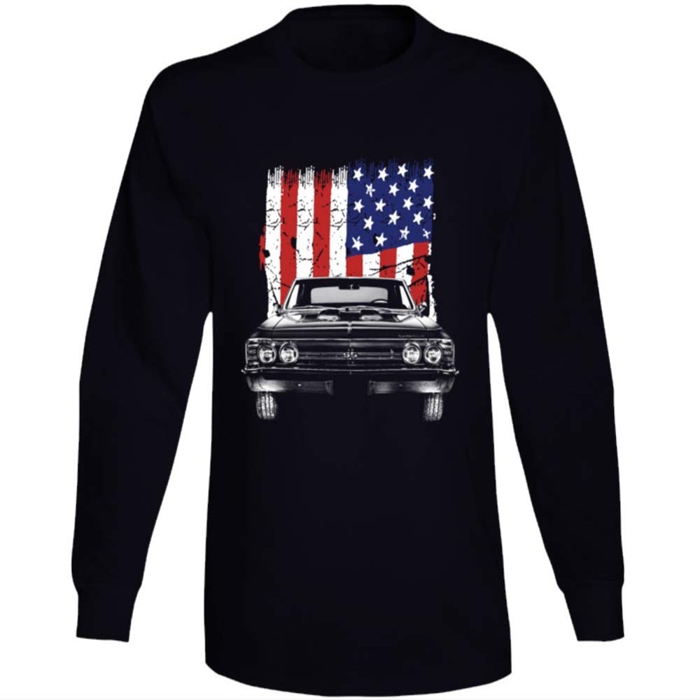 1967 Chevy Chevelle Front Grill View with United States Flag Long Sleeve T Shirt L Black