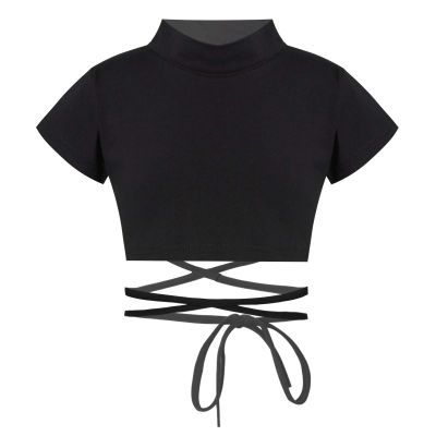 easyforever Kids Big Girls Basic Ballet Jazz Modern Dance Gymnastics Sash Tie Waist Crop Top Active Sport Shirts Black Short Sleeves 6