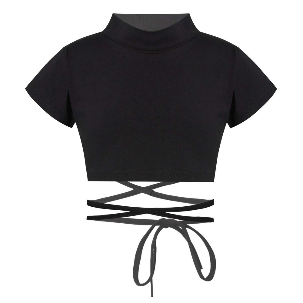 easyforever Kids Big Girls Basic Ballet Jazz Modern Dance Gymnastics Sash Tie Waist Crop Top Active Sport Shirts Black Short Sleeves 6