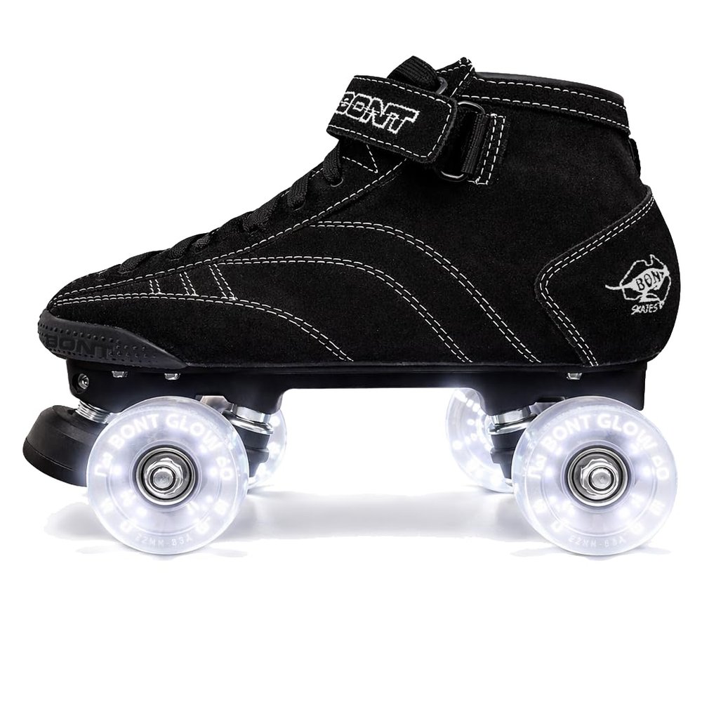 Bont Skates - Prostar Black Suede Professional Roller Skates with Glow Light Up Led Wheels - Indoor and Outdoor -9.5 (Bont 9.5)
