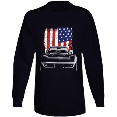 1969 Corvette Front Grill View Silhouette with Us Flag Long Sleeve T Shirt XL Black