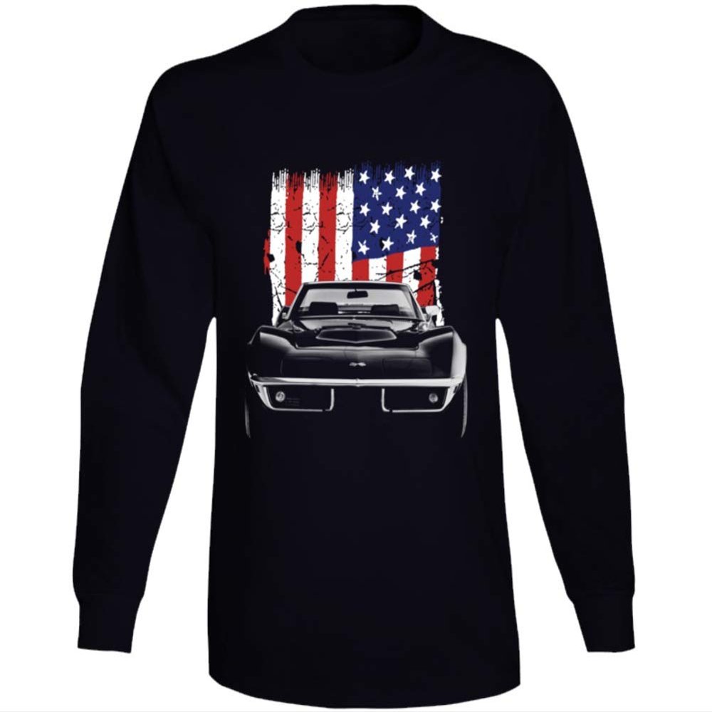 1969 Corvette Front Grill View Silhouette with Us Flag Long Sleeve T Shirt XL Black