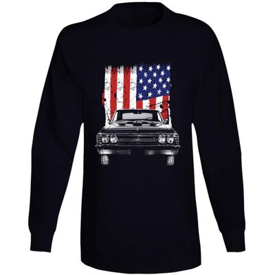 1967 Chevy Chevelle Front Grill View with United States Flag Long Sleeve T Shirt XL Black