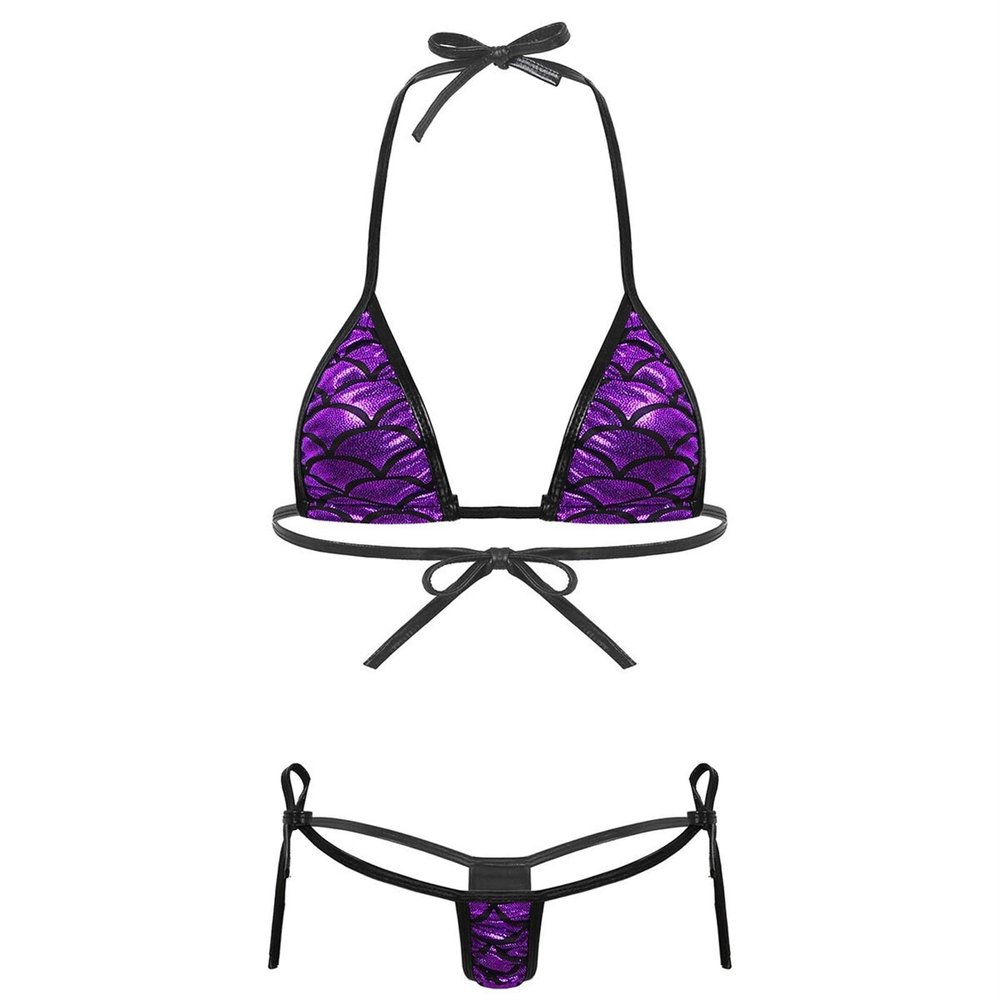 Active Women Lingerie Set Halter Neck Self-tie Bra Top with G-String Briefs Underwear (Color : Purple, Size : One Size)