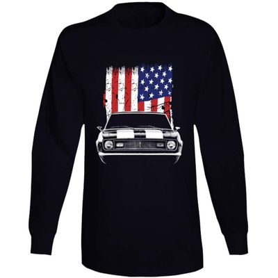 1968 Camaro Z28 Front Grill View with United States Flag Long Sleeve T Shirt L Black