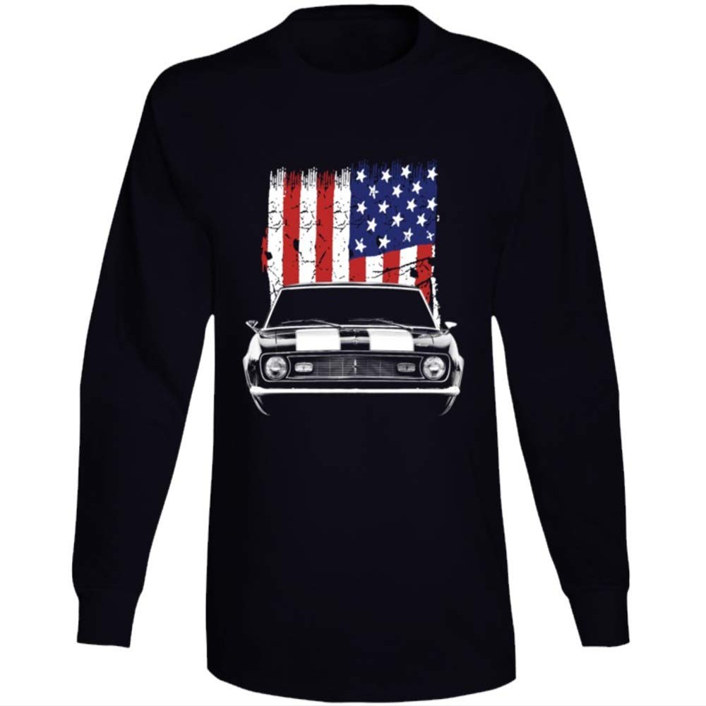 1968 Camaro Z28 Front Grill View with United States Flag Long Sleeve T Shirt L Black