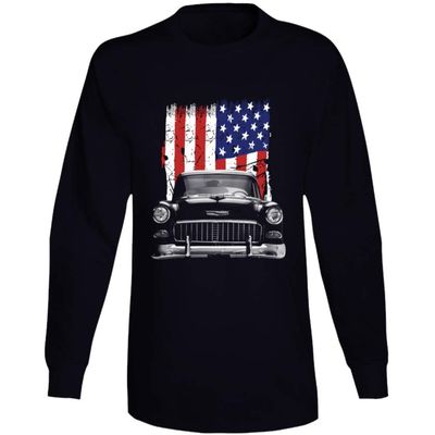 1955 Chevy Bel Air Front Grill View Silhouette with Us Flag Long Sleeve T Shirt M Black