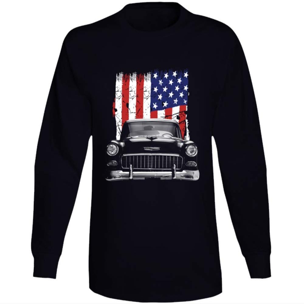 1955 Chevy Bel Air Front Grill View Silhouette with Us Flag Long Sleeve T Shirt M Black