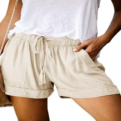 ANFTFH Women Cotton Short Comfy Drawstring Casual Elastic Waist Pocketed Shorts Pants Khaki L
