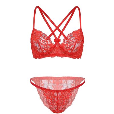 Active 2Pcs Women Lingerie Set See-Through Under-wired Bra with Briefs Sleepwear (Color : Red, Size : Large)