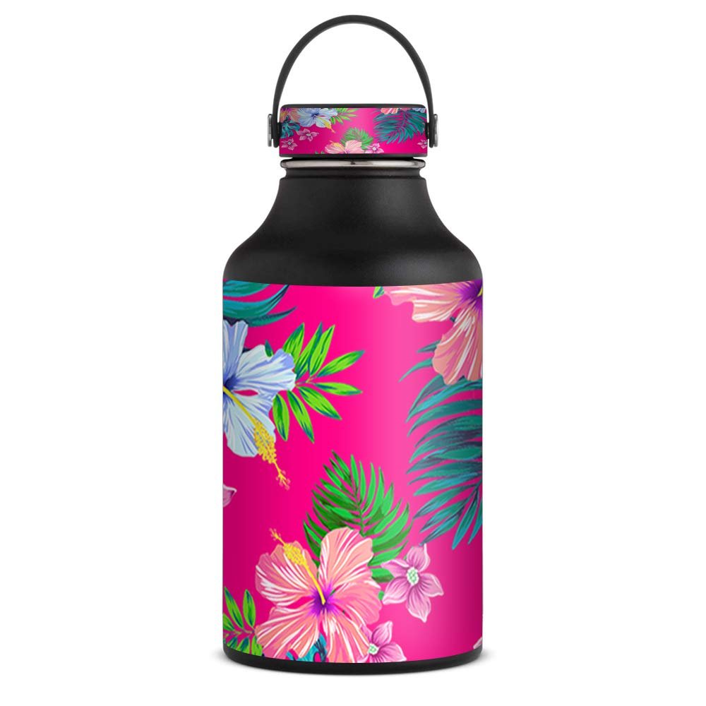 Skin Decal for Hydro 64 oz Flask Wide Mouth Water Bottle Vinyl Wrap Only - Pink Neon Hibiscus Flowers