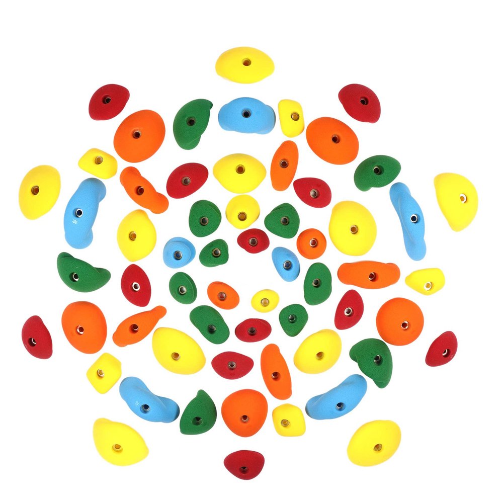 Atomik Climbing Holds Set of 60 Bolt-On Steep Wall Footholds, Crimpers, Jugs, Pinches, Slopers in Assorted Bright Tones
