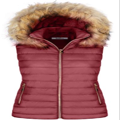 BodiLove Women's Zipper Cuffed Sleeve Neckline Padded Quilted Faux Fur Hooded Vest Burgundy