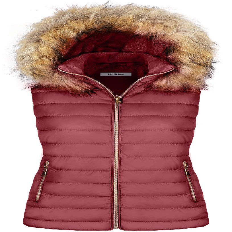 BodiLove Women's Zipper Cuffed Sleeve Neckline Padded Quilted Faux Fur Hooded Vest Burgundy