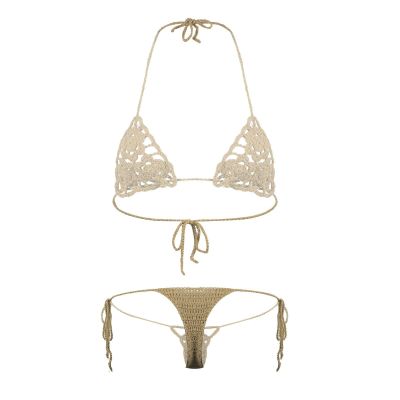 ACSUSS Women Floral Handmade Crochet Lingerie Suit Hollow Out Bikini Set Two-Piece Micro Swimsuit Beige M