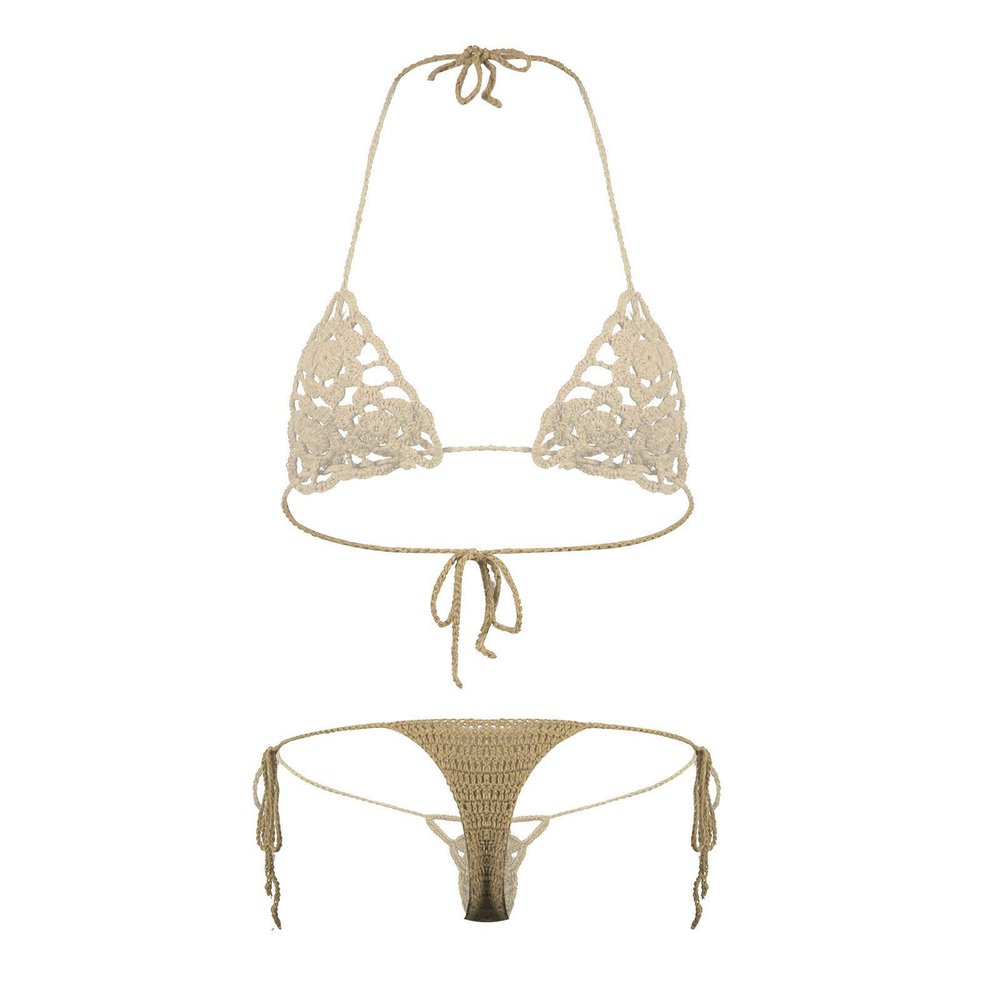 ACSUSS Women Floral Handmade Crochet Lingerie Suit Hollow Out Bikini Set Two-Piece Micro Swimsuit Beige M