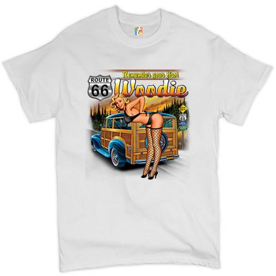Remember Your First Woodie T-Shirt Route 66 Sexy Pin-up Girl Men's Tee White Small