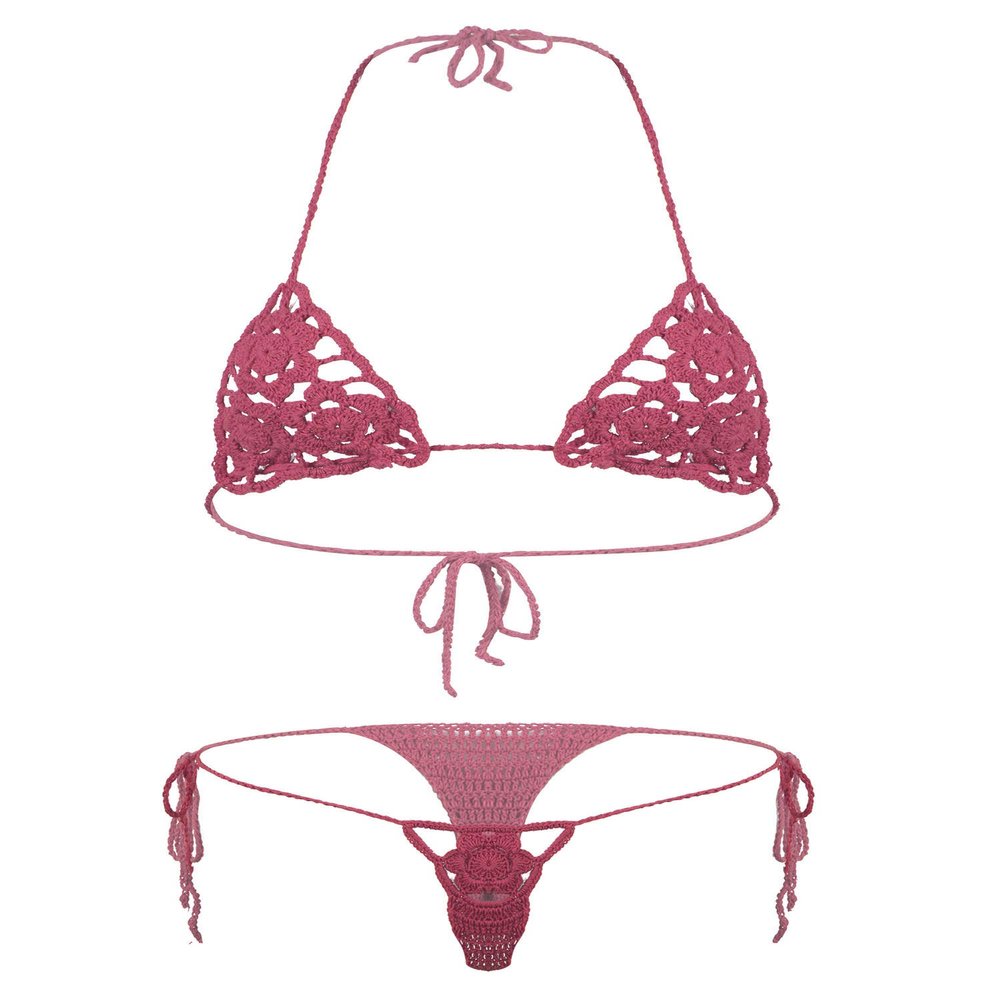 ACSUSS Women Floral Handmade Crochet Lingerie Suit Hollow Out Bikini Set Two-Piece Micro Swimsuit Watermelon Red M