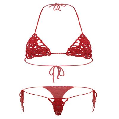 ACSUSS Women Floral Handmade Crochet Lingerie Suit Hollow Out Bikini Set Two-Piece Micro Swimsuit Red M