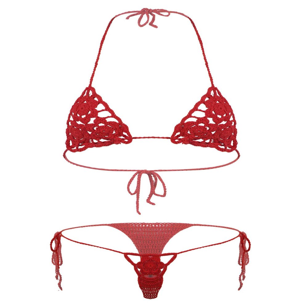 ACSUSS Women Floral Handmade Crochet Lingerie Suit Hollow Out Bikini Set Two-Piece Micro Swimsuit Red M
