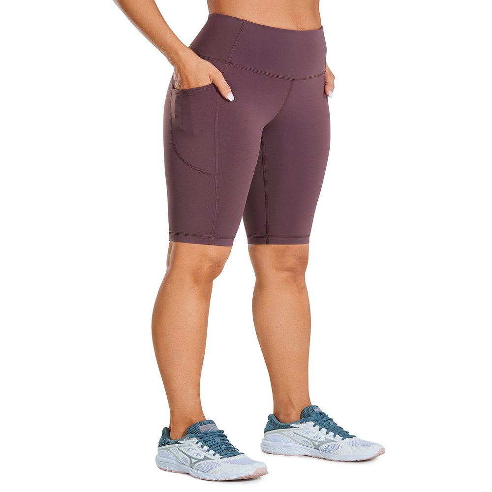 CRZ YOGA Women's Naked Feeling Long Biker Shorts - 10'' High Waisted Workout Gym Running Spandex Shorts Side Pockets Arctic Plum Large