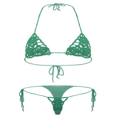 ACSUSS Women Floral Handmade Crochet Lingerie Suit Hollow Out Bikini Set Two-Piece Micro Swimsuit Green M