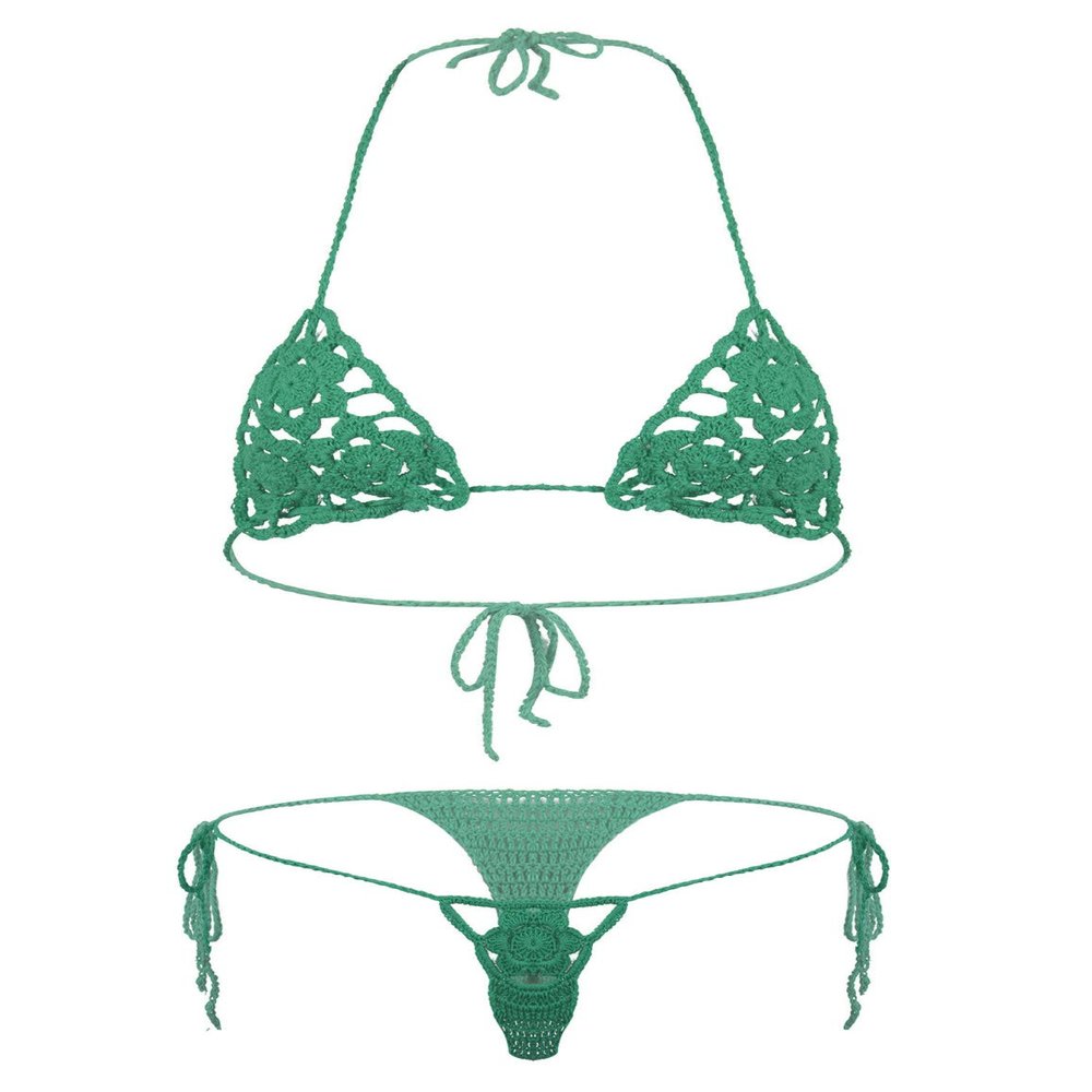 ACSUSS Women Floral Handmade Crochet Lingerie Suit Hollow Out Bikini Set Two-Piece Micro Swimsuit Green M