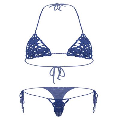ACSUSS Women Floral Handmade Crochet Lingerie Suit Hollow Out Bikini Set Two-Piece Micro Swimsuit Blue M
