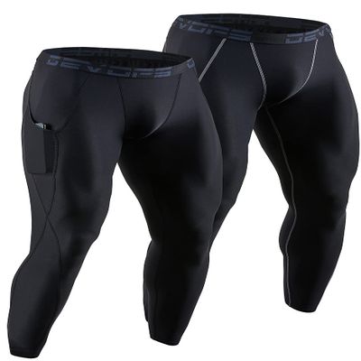 DEVOPS Men's Thermal Underwear Pants, Athletic Leggings Base Layer Bottoms with Fly (Large, Black/Black)
