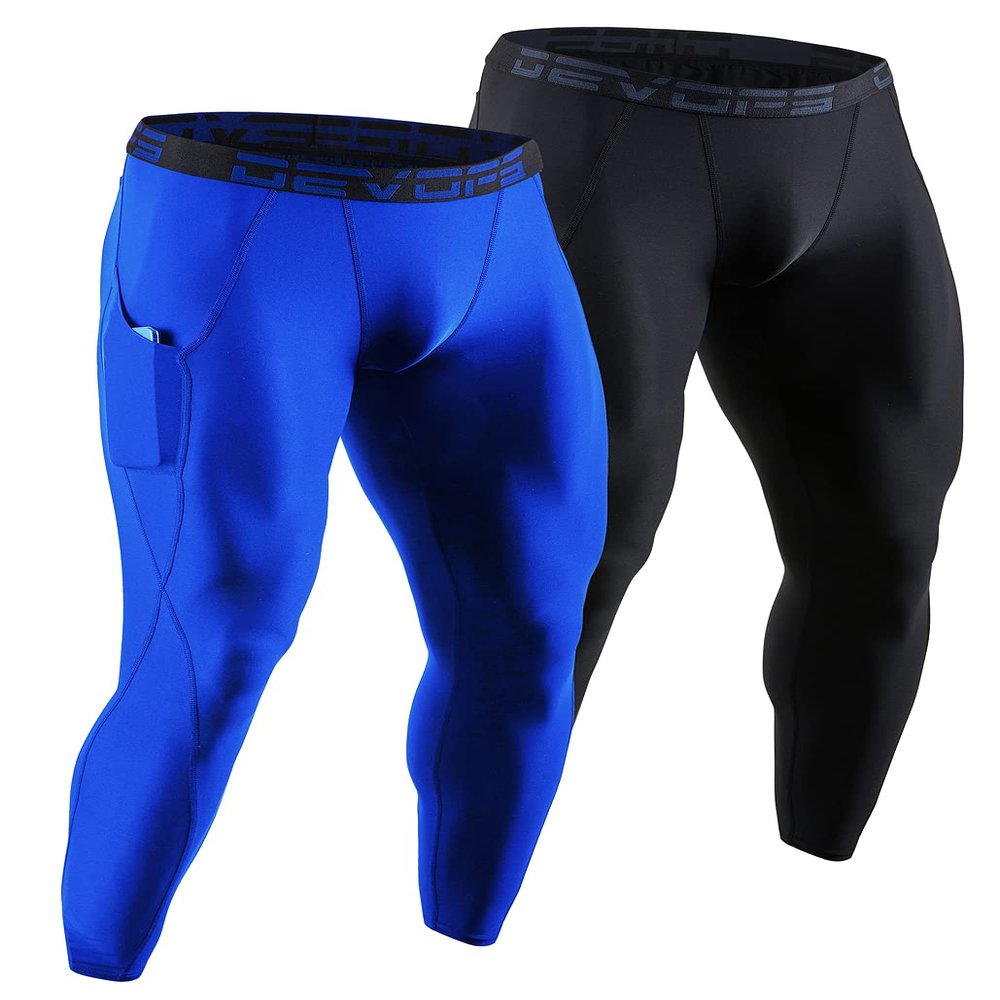 DEVOPS 2 Pack Thermal Base Layer Pants for Men with Side Pockets, Long Johns Cold Weather Underwear Compression (Small, Black/Blue)
