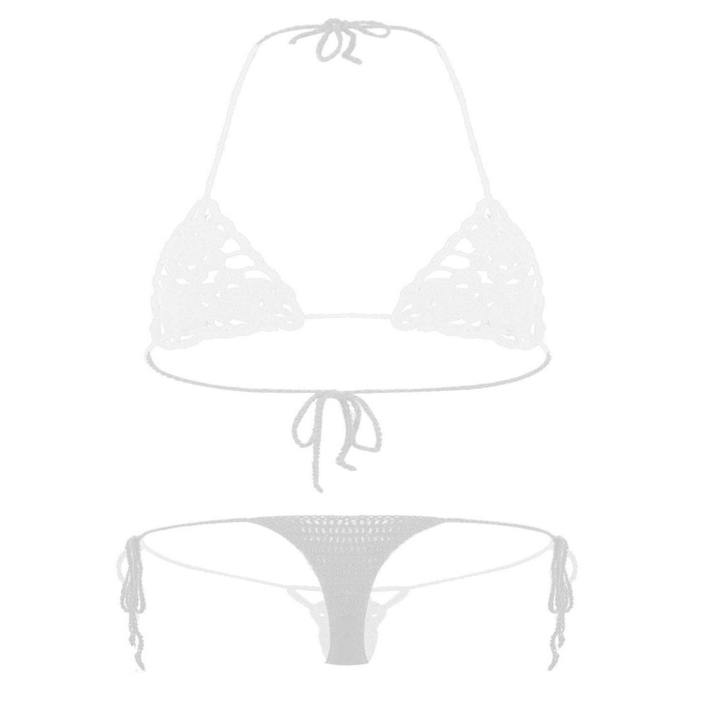 ACSUSS Women Floral Handmade Crochet Lingerie Suit Hollow Out Bikini Set Two-Piece Micro Swimsuit White M