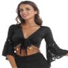easyforever Womens Lace Flared Sleeves Knot Front Shawl Glitter Bead Tassel Belly Dance Top Dancewear Black X-Large view 1