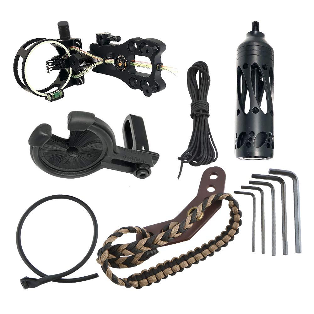 SHARROW Archery Accessories Combo Set Compound Bow Shooting Hunting Set 5 Pin Bow Sight, Arrow Rest, Stabilizer,Braided Bow Sling,Peep Sight,D-Loop for Target Shooting Training (Black)