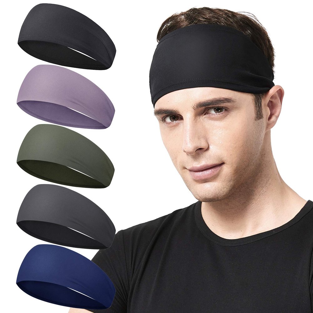 Acozycoo Mens Running Headband,5Pack,Mens Sweatband Sports Headband for Running,Cycling,Basketball,Yoga,Fitness Workout Stretchy Unisex Hairband (Black, Green, Dark Gray, Dark Blue,Light Purple)