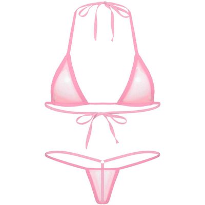 FEESHOW Womens Mesh Sheer Extreme Bikini Sets Micro Brazilian Swimsuit Halter Bra Top with G-String Pink One Size