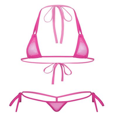 FEESHOW Womens Mesh Sheer Extreme Swimsuit Micro Brazilian Bikini Sets Halter Bra Top with G-String Hot Pink One Size
